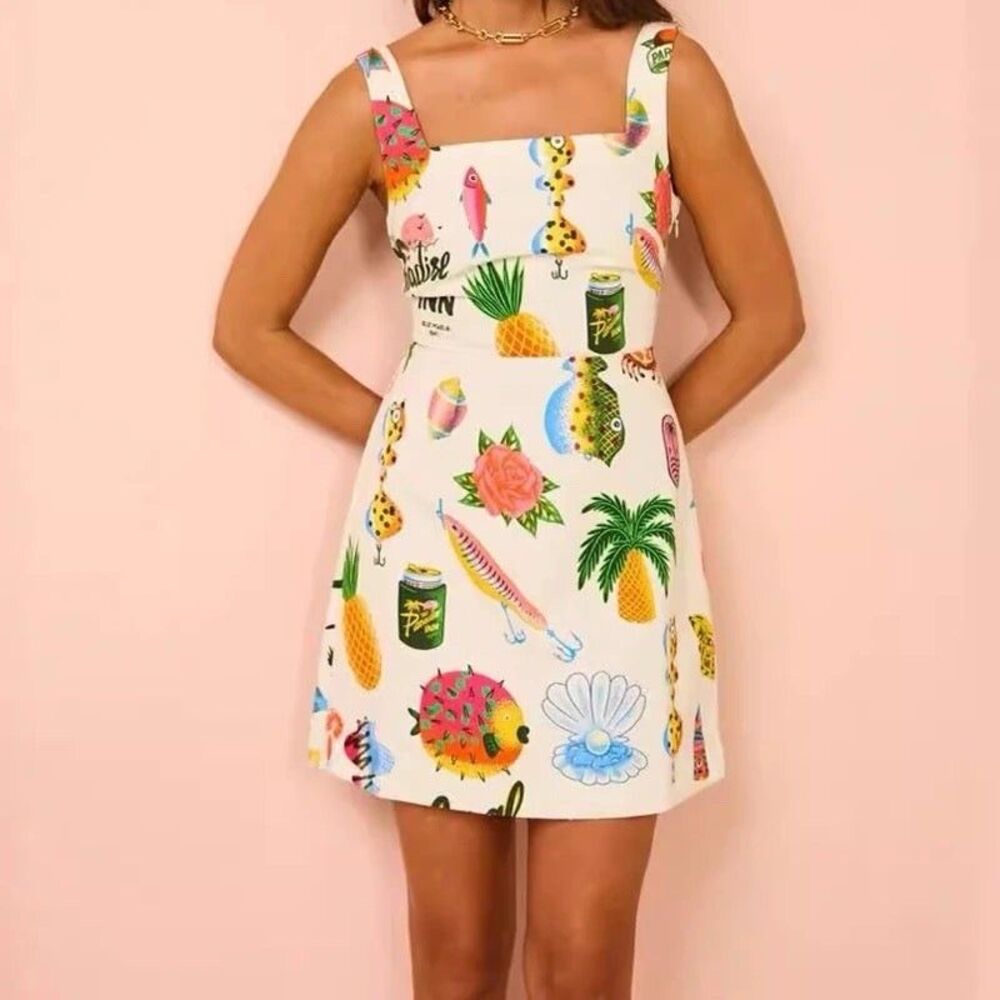 Tropical Print Mini Dress Sz Medium Laced Backside Romantic Glam Coastal Cruise